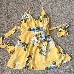 Love Tree Yellow Floral Wrap Dress with Blue Accents